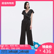 3件8折欧时力秋装V领荷叶边波点腰带缎面连体裤女1GY3061490