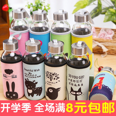带盖卡通玻璃杯便携水杯带杯套防烫水瓶学生男女士情侣随手杯子