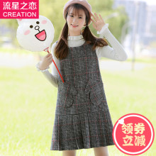 2018秋冬新款学生韩版修身连衣裙学院风女初中生少女秋装毛呢裙子图片