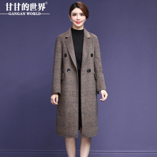 【全羊毛】甘甘的世界2018秋冬新款西装翻领格纹双面呢大衣中长女图片