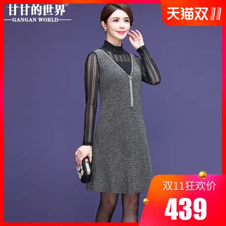 【假两件】甘甘的世界2018秋冬装新款收腰显瘦气质A版长袖妈妈装商品大图