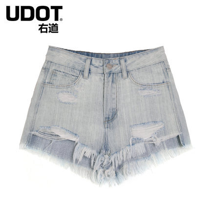 UDOT右道2018夏季新款高腰收腹提臀无弹 裤口磨烂牛仔短裤UU6472商品大图