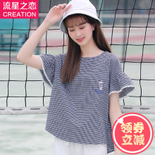 流星之恋2018夏季新款少女韩版修身格子T恤学院风中学生夏装上衣图片
