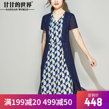 假两件印花雪纺连衣裙女2018夏装新品甘甘的世界短袖大码中年女装图片