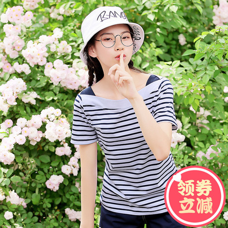 西子小荷酷短袖t恤女街头2018夏装新款韩版条纹少女上衣半袖学院商品大图