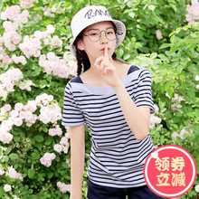 西子小荷酷短袖t恤女街头2018夏装新款韩版条纹少女上衣半袖学院图片
