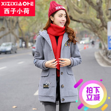毛呢外套女中长款韩版少女冬装高中学生连帽外套新款学院呢子大衣图片