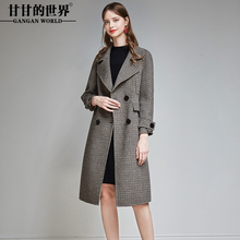 甘甘的世界2018秋冬新款毛呢外套女格子长袖宽松中长款双面呢大衣图片