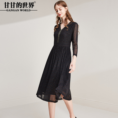 甘甘的世界2018秋装新款连衣裙女七彩亮色高弹舒适中年大码连衣裙商品大图