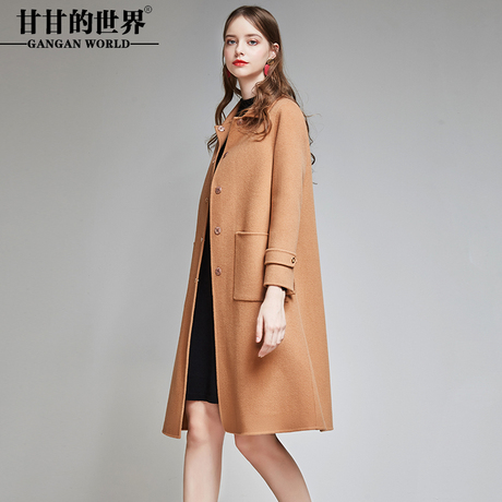 甘甘的世界2018秋冬新款毛呢外套女纯色长袖修身中长款双面呢大衣商品大图