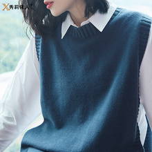针织马甲女装长袖白衬衫韩版宽松毛线背心马夹圆领无袖毛衣两件套图片