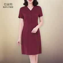 杭州真丝连衣裙女2018新夏高端大码重磅桑蚕丝中老年妈妈装纯色红图片