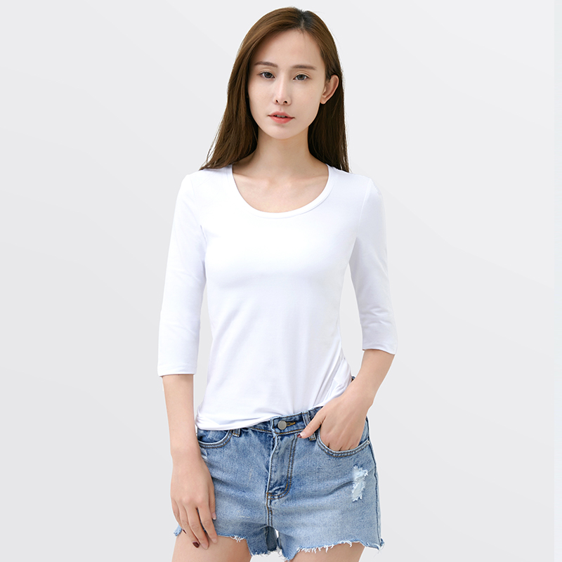 Autumn Decoration Sports Pure White Medium Sleeve Tight Round Neck Cotton 3/4 Sleeve T-shirt Women's Underlay Top Black