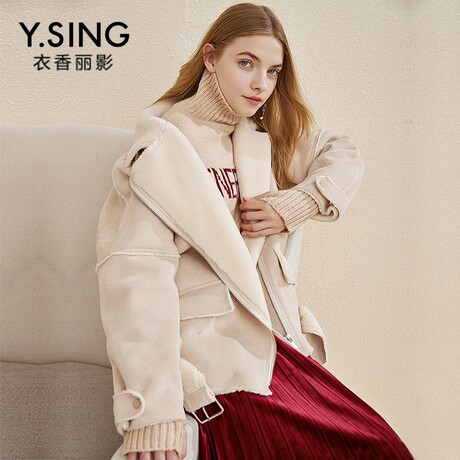 仿羊剪毛短外套女衣香丽影2018冬装新款韩版西装领长袖皮草短款商品大图