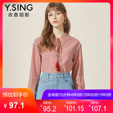 小碎格子衬衫女衣香丽影2018春装新款娃娃领蝴蝶结长袖上衣女打底图片