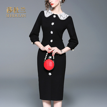 莎杜兰2018秋装新品赫本风淑女名媛修身包臀黑色连衣裙女30866