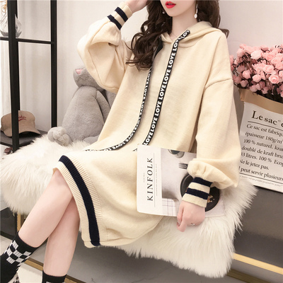 中长款休闲连帽毛衣女秋装新款宽松慵懒风网红套头针织衫上衣外套