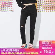 妖精的口袋旗舰店秋装2018新款修身黑色牛仔裤铅笔裤女破洞长裤子图片