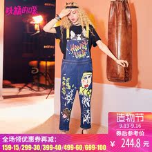 妖精的口袋涂鸦背带牛仔裤夏装2018新款嘻哈印花ins超火裤子女图片
