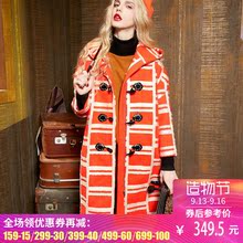 妖精的口袋混合灵感 冬装撞色织带牛角扣大衣连帽毛呢外套女长款图片