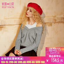 妖精的口袋秋装2017新款圆领长袖拼接假两件露肩毛衣女 霹雳吧崩图片