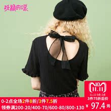 妖精的口袋套头薄衫秋装2018新款露背蝴蝶结甜美黑色针织衫女短袖图片