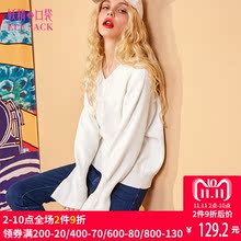 妖精的口袋冬装2017新款罗纹V领喇叭袖休闲毛衣女宽松 白玫瑰恋曲图片