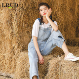 LRUD牛仔裤女2018春季新款韩版宽松学生背带裤高腰裤子显瘦九分裤