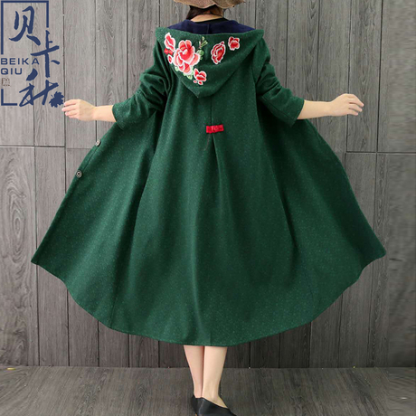 秋冬新款民族风女装外套加绒刺绣大码长袖中长款棉麻复古连帽风衣商品大图