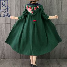 秋冬新款民族风女装外套加绒刺绣大码长袖中长款棉麻复古连帽风衣图片