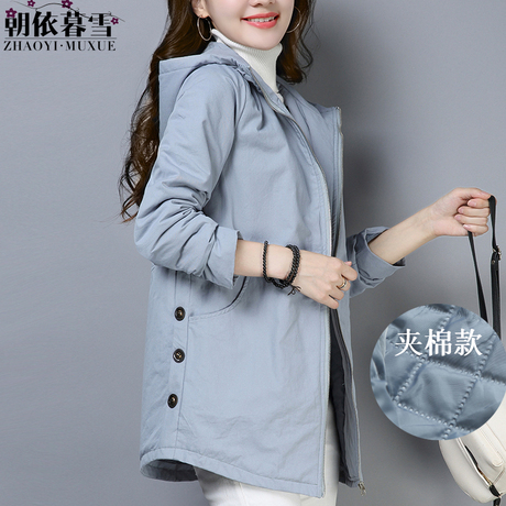 夹棉风衣女中长款加厚外套秋冬季2018新款宽松大码女装保暖棉衣服商品大图