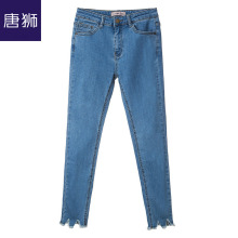 唐狮旗舰店2018冬装新款牛仔裤女脚口毛边抓绒紧身牛仔裤显瘦图片