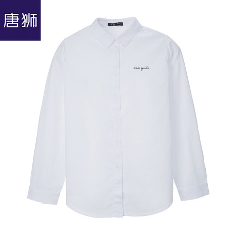 唐狮旗舰店2018冬装新款白衬衫女绣小字翻领长袖衬衣休闲韩版商品大图