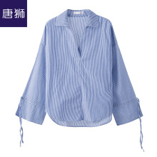 唐狮旗舰店2018秋装新款衬衫女条纹翻领套头长袖衬衣韩版宽袖图片