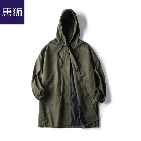 唐狮旗舰店2018秋新款外套女青年宽松后背刺绣连帽中长款风衣商品大图