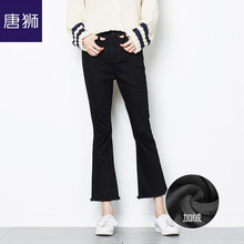 唐狮旗舰店2018冬装新款牛仔裤女紧身喇叭裤加绒九分裤保暖潮图片