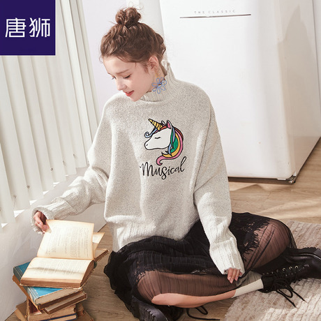 唐狮旗舰店2018秋冬季毛衣女半高领线衣粗毛线宽松外穿上衣潮商品大图