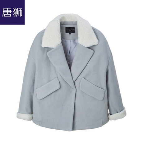 唐狮旗舰店2018冬装新款毛呢外套女翻领拼色毛呢短外套休闲潮商品大图