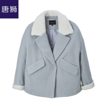 唐狮旗舰店2018冬装新款毛呢外套女翻领拼色毛呢短外套休闲潮图片