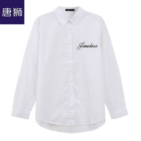 唐狮旗舰店2018秋装新款衬衫女青年学生净色绣字翻领长袖衬衣商品大图