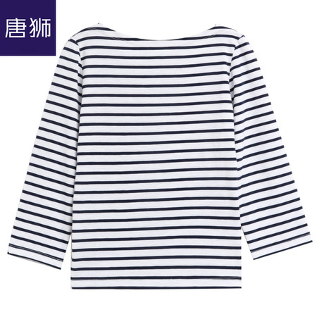 唐狮旗舰店2018秋装新款T恤女学生条纹七分袖T恤宽松打底上衣商品大图
