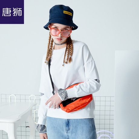 唐狮2018秋装新款卫衣女纯色假两件圆领套头卫衣韩版长袖上衣休闲商品大图