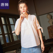 唐狮旗舰店2018夏装新款衬衫女V领短袖衬衫休闲白色衬衣韩版图片