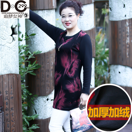 200斤宽松大码中老年女装胖妈妈连衣裙中长款加绒打底衫保暖衣服商品大图
