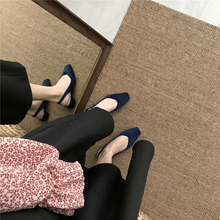 通勤单鞋 名媛复古风圆形低跟西施绒方头后拉带简约百搭春夏女鞋