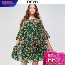 dfvc2019春夏新款文艺荷叶边印花真丝连衣裙女宽松桑蚕丝度假裙子图片