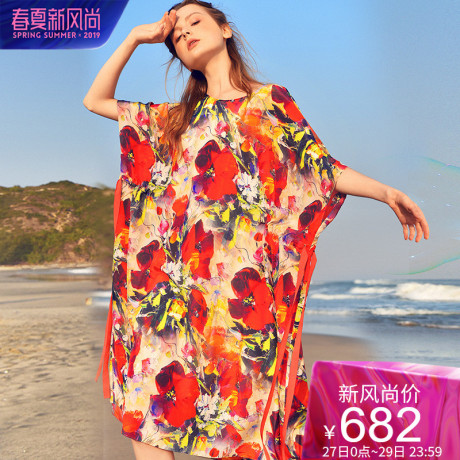 dfvc名媛气质真丝连衣裙女2019新款短袖宽松圆领系带桑蚕丝印花裙商品大图