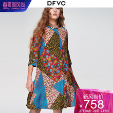 dfvc休闲印花真丝连衣裙2019春夏新款宽松显瘦拼接桑蚕丝衬衫裙子图片