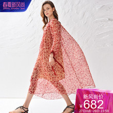 dfvc2019夏季新款欧美宽松廓形真丝连衣裙灯笼袖桑蚕丝碎花中长裙图片