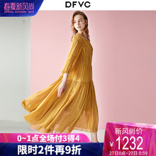 dfvc气质圆领重磅真丝连衣裙2019春夏新款宽松拼接桑蚕丝中长裙女图片